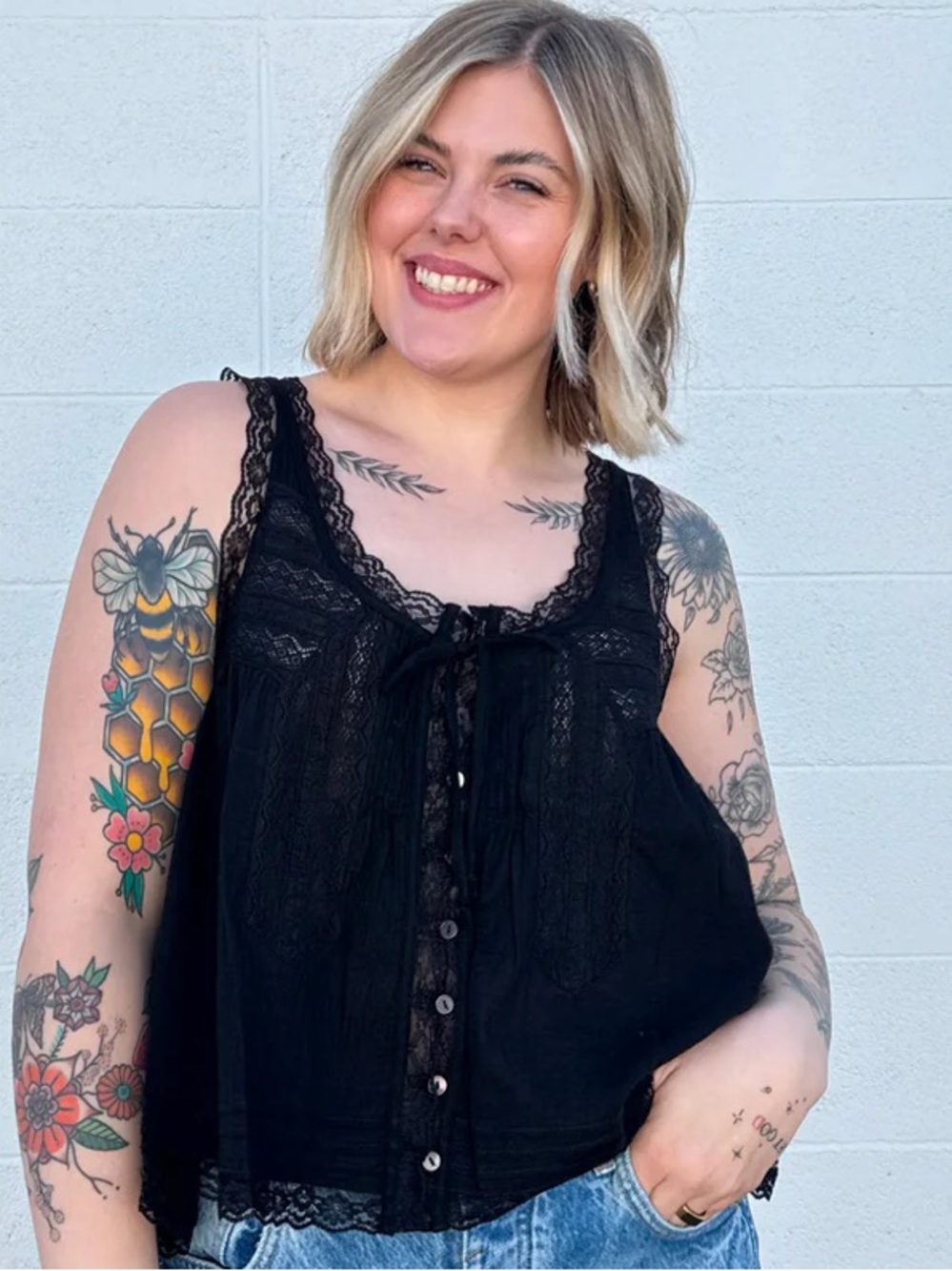 Bucketlist Lace-Trim Black Button-Front Tank Top